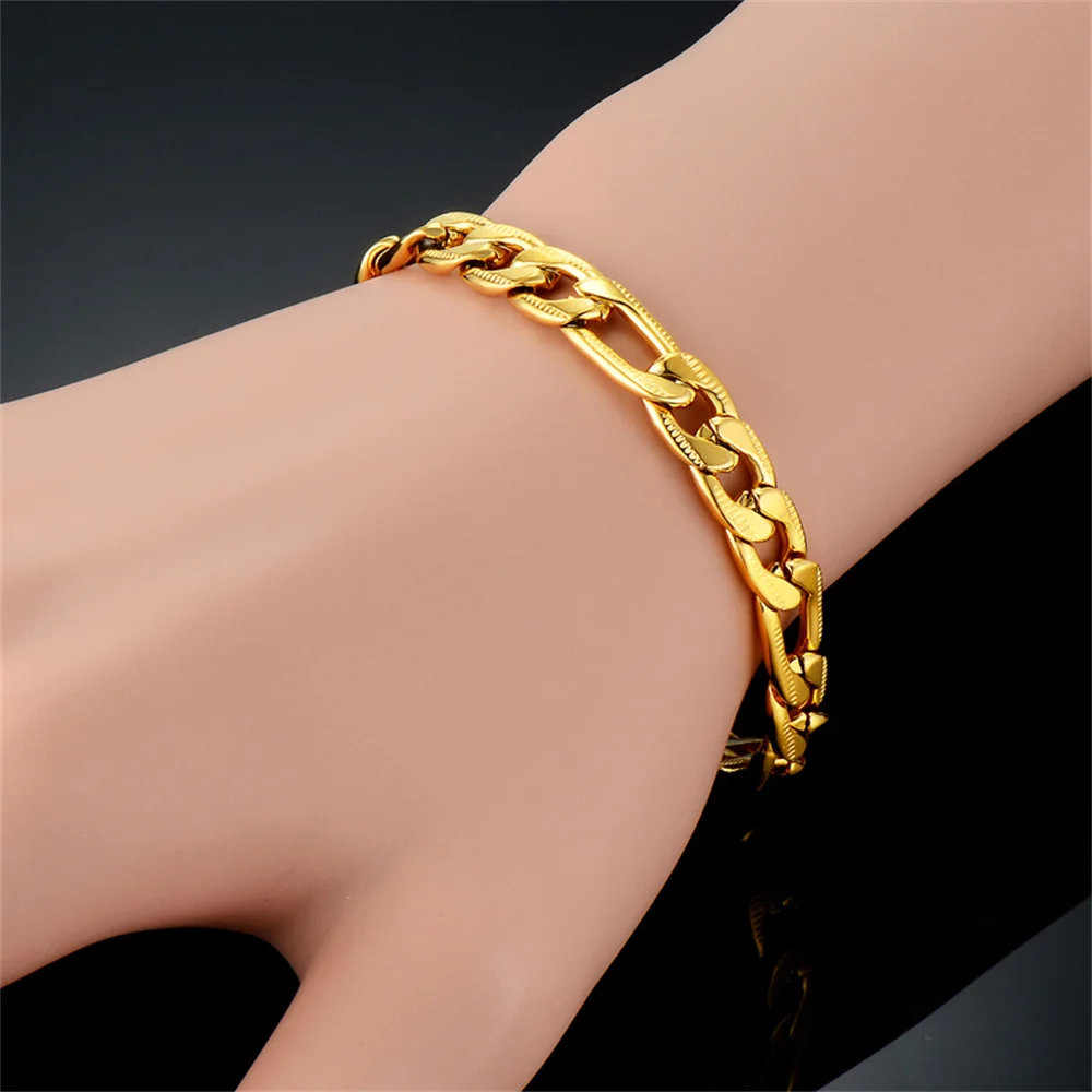 Braccialetto a catena a maglia Punk Figaro 21cm oro argento colore acciaio inossidabile 7mm catene a mano per donna uomo regalo di gioielli per