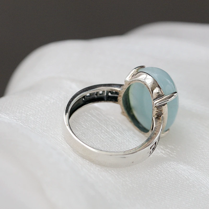 Authentic 925 Sterling Silver Retro Style Ring Inlaid Natural Aquamarine Rings Handmade Creative Trendy Women Jewelry Gift