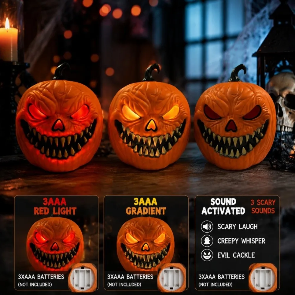 3 Styles LED Pumpkin Light Voice-Activated 3 AAA Battery-Operated Halloween Ornament Creative Glowing Sound Activated Lamp Party
