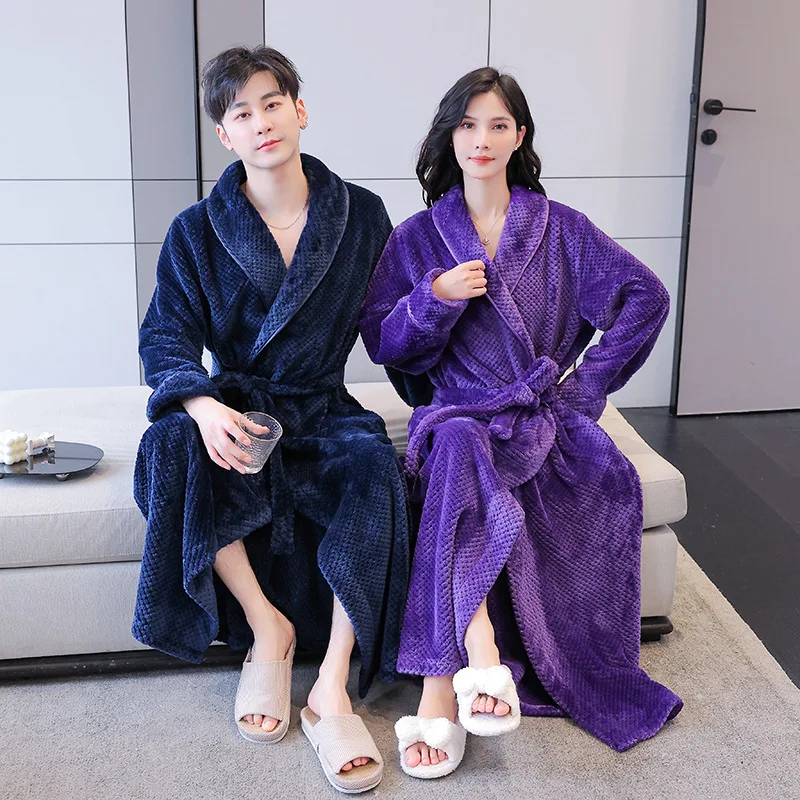 Autumn Winter Thick Flannel Couple Pajamas Nightgown  Bath Robe Kimono Bathrobe Fleece Loungewear Sleepwear Warm Robes Belts