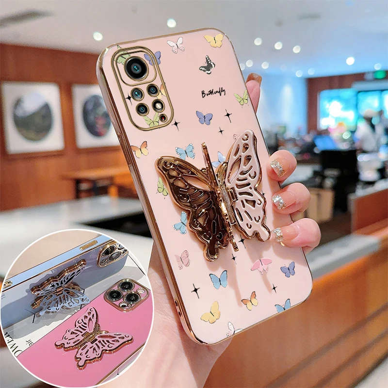 N ote 11 Little Butterfly Plating Holder Phone Case For Xiaomi Redmi Note 11S 11TPro 11EPro 10T 11Pro 11T 11SE 12R 12S 12 Cover