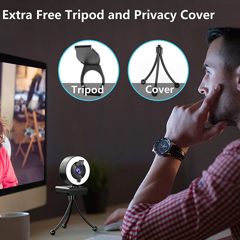 2K Webcam With Microphone Ring Light-HD Web Cam With Privacy Cover &Tripod For Desktop/Laptop/PC/MAC,For Computers,Skype