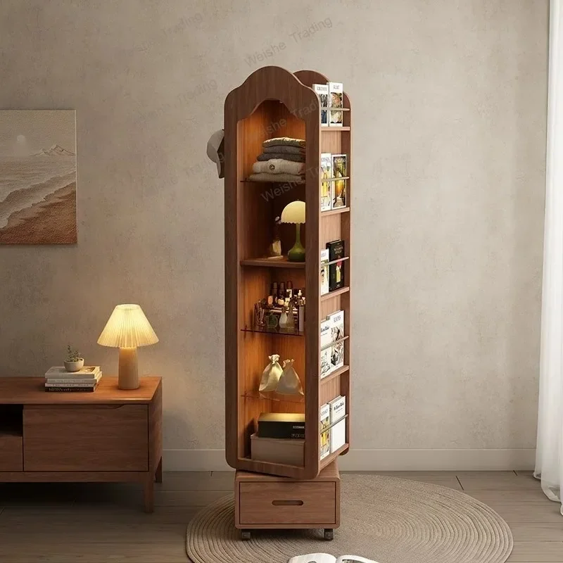 A Solid Wood Rotating Bookshelf Full-body Mirror Full-length Mirror Floor Corner Storage Bookcase Mirror Integrated