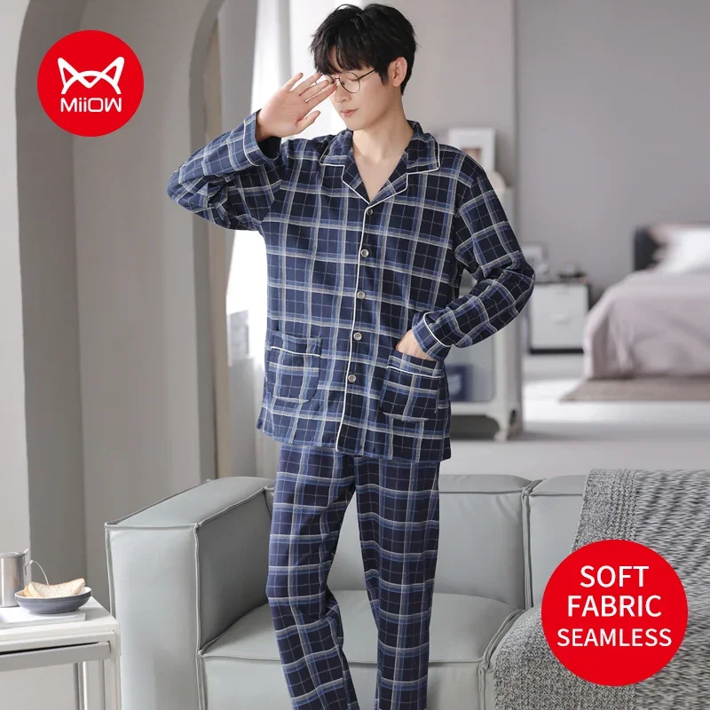 MiiOW Autumn Winter Men Pajamas Set 3XL Loose Turn-down Collar Male Long-sleeves Sleepwear Cotton Navyblue Plaid Man Loungewear