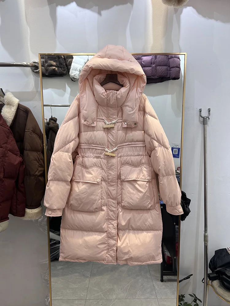 النسخة الكورية تصميم الأزياء مقنعين فضفاضة بيضاء بطة أسفل سترة المرأة منتصف طويل نمط الاتجاه الشتاء سترة جديدة أسفل