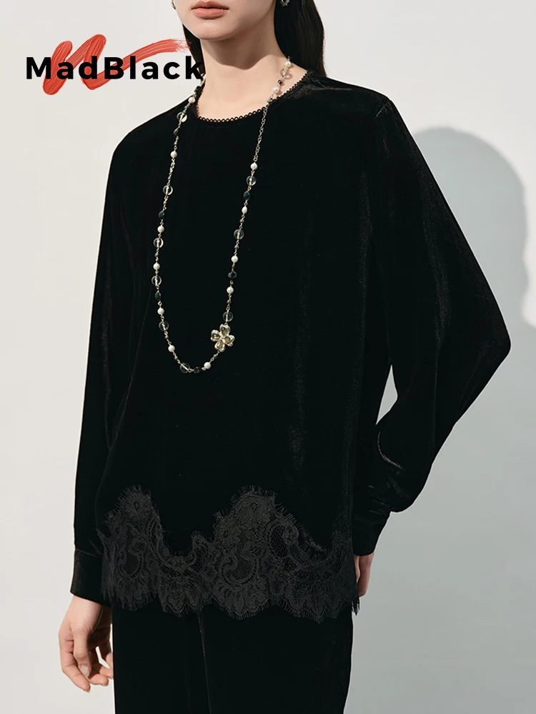 

MadBlack-Bottom 100%Real Silk Elegant Velvet Shirt, Long Sleeve Lace, Women French Vintage Loose Blouse, 2026 Spring T63043CC