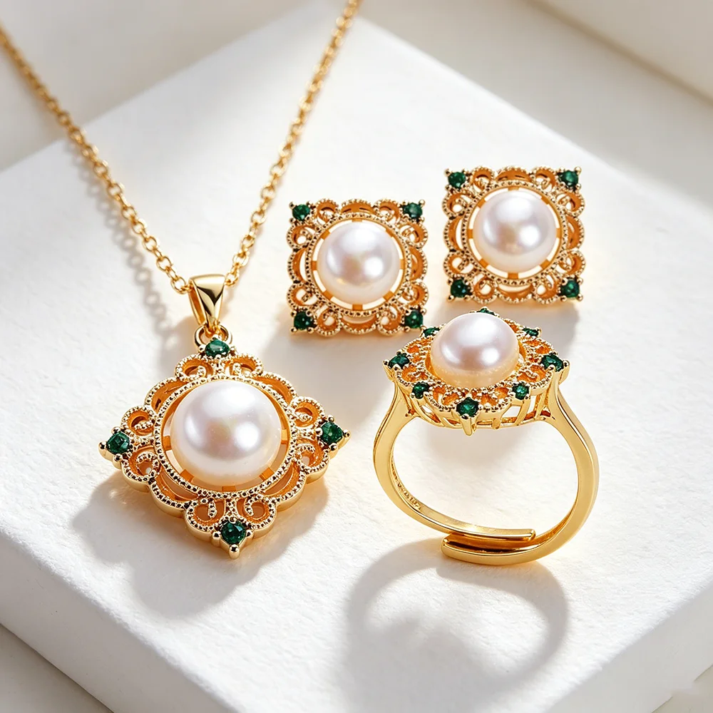 VOBIPY 8 mm Perlen-Zirkonia-Schmuckset für Frauen, natürliche Süßwasserperlen-Halskette, Ohrringe, Ring-Sets, Hochzeit, Party, modisches Geschenk – Detail 5