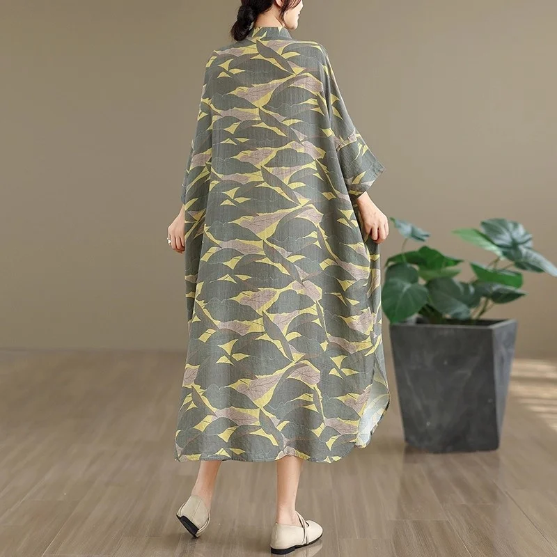 Ropa de mujer 2025 otoño nuevo estilo artístico Retro algodón cáñamo impreso cuello levantado suelto Extra grande vestido de vacaciones w1033