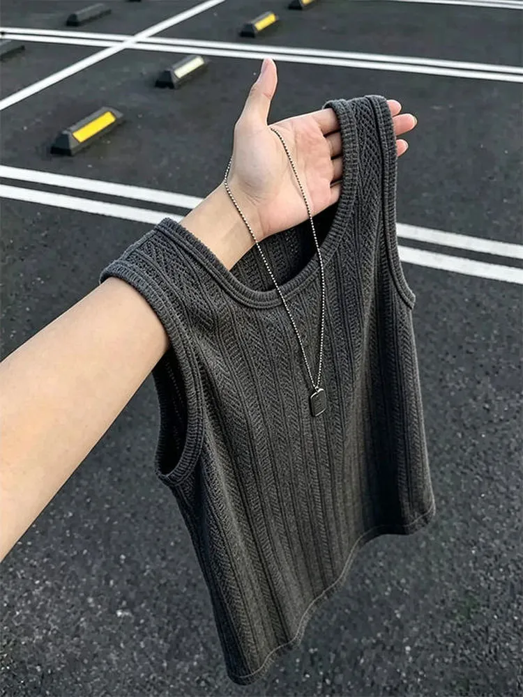 Textured Knitted Summer Thin Breathable Loose Sleeveless Vest Men's Casual Shoulder Padded T-Shirt in Apricot Wheat Spike Pat...