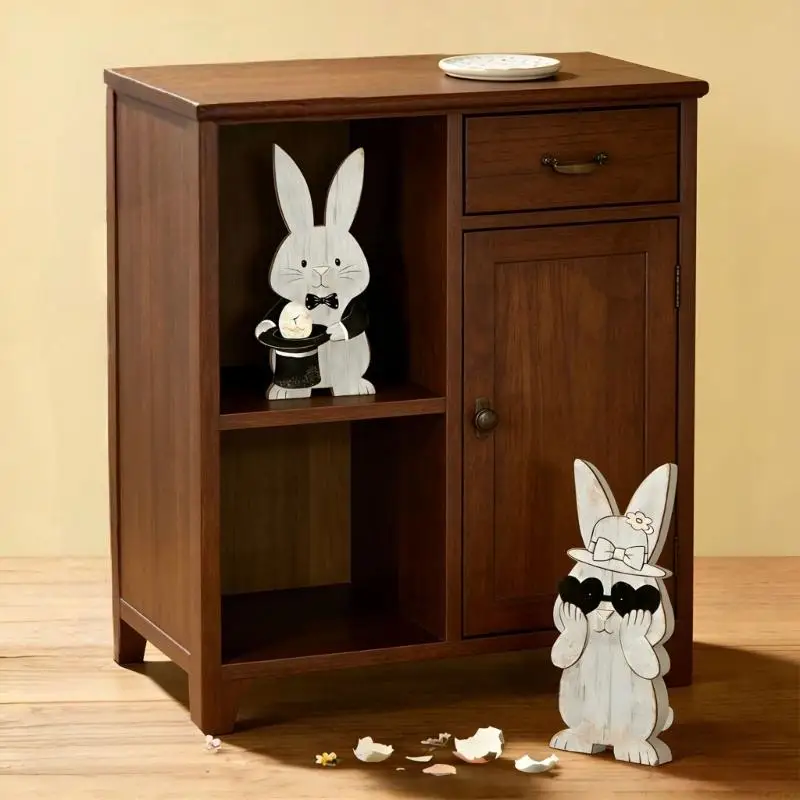 QX2E 2Pcs Wooden Rabbit Figurine Table Sign Home Decors Easter Bunnies Ornament for Spring Seasonal Holiday Decoration Gift