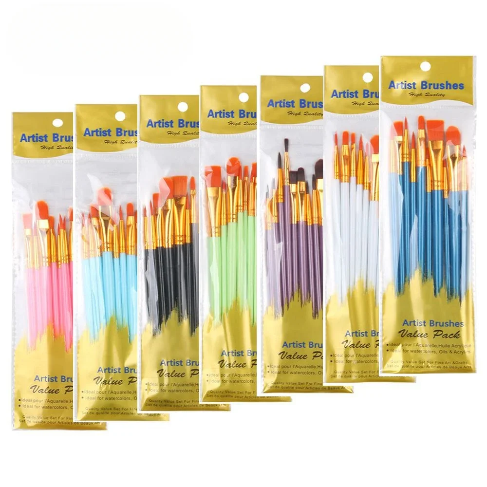 10pcs Oil Painting Brushes Plastic Rod Watercolor Powder Painting Flat/Tip Head Drawing Calligraphy Paint Brushes Art Supplies