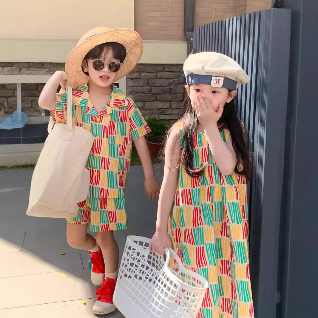 Sibling Matching Outfits Kids Color Block Striped 2PCS Set Boy Short Sleeve Shirt + Shorts Girl Sleeveless Midi Dress Beach Wear