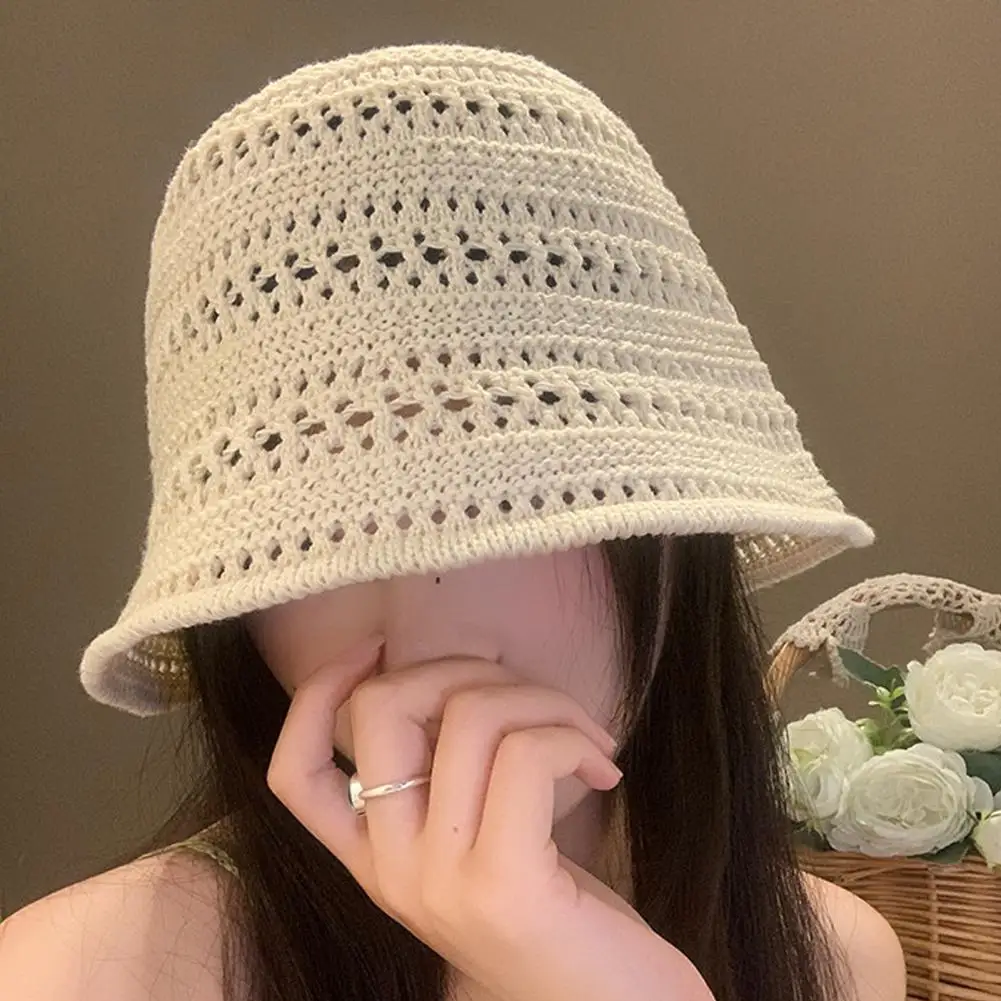 

Basin Hat Hand-Crocheted Hollow Design Fisherman Hat Short Brim UV Protection Summer Travel Hat Headwear
