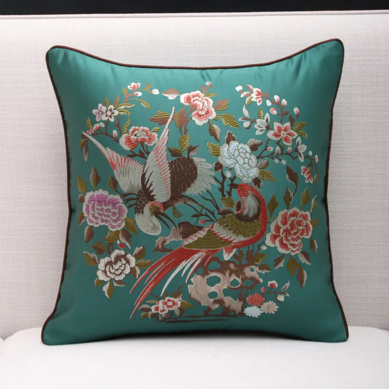 Chinese Birds Pillows Retro Jacquard Cushion Case Luxury Golden Green Decorative Pillow Cover For Sofa Chair Home Decorations