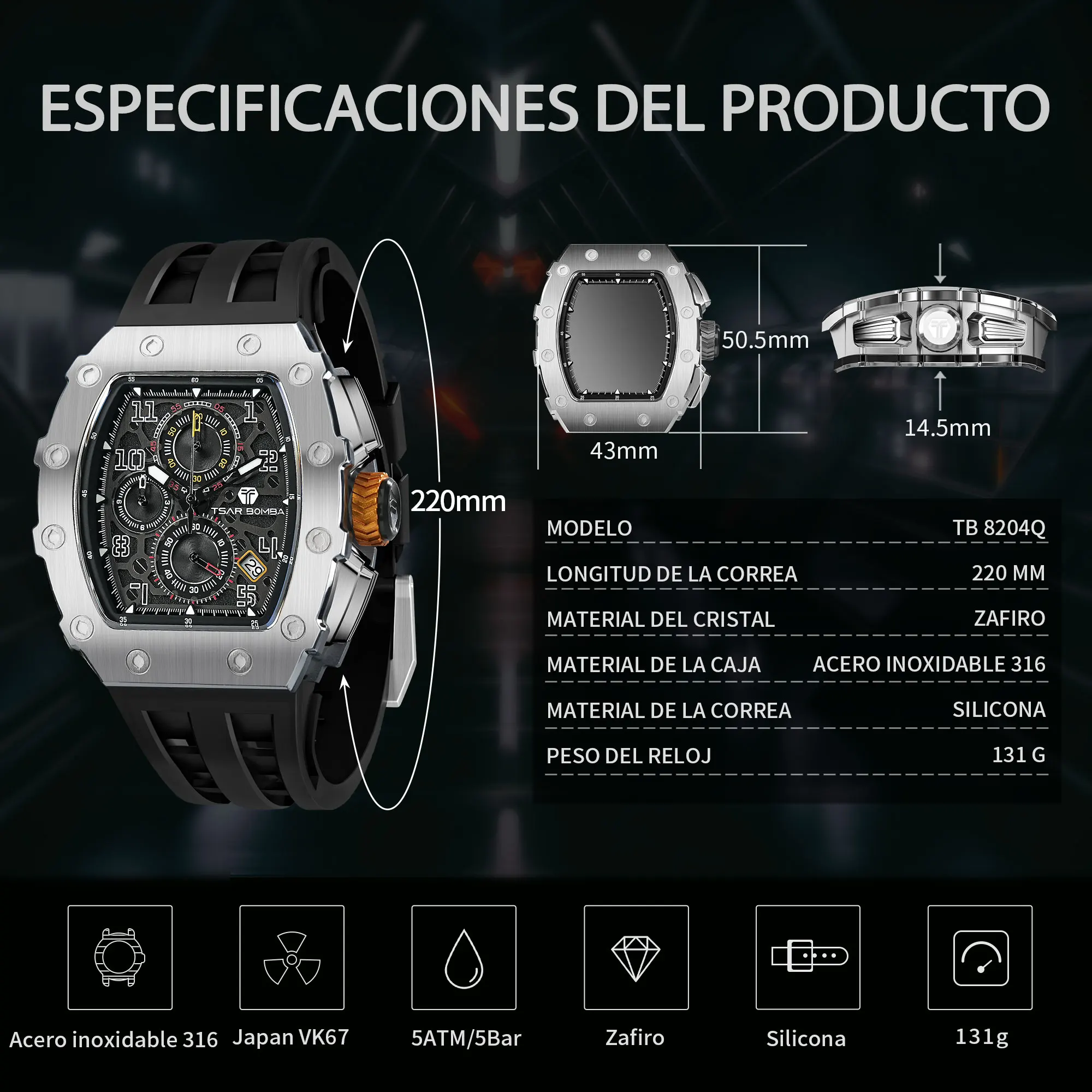 Reloj de Pulsera TSAR BOMBA de Lujo para Hombre, con Movimiento Japonés, Caja de Acero Inoxidable, Elegante Reloj de Vestir - Image 6