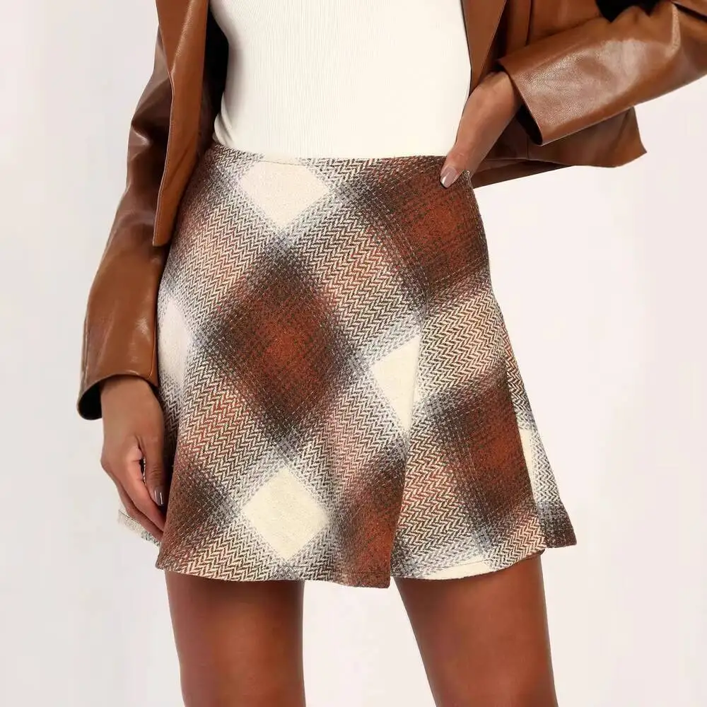 New In  Autumn Winter Plaid Woolen Short Skirts Women 2025 Trendy High Waist Office Lady Skirts