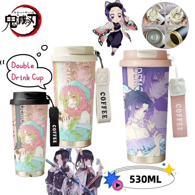 Demon Slayer Mitsuri Kanroji & Shinobu Koyuki Anime Tweedimensionale Cartoon Gedrukt Rvs Stro Cup Dubbele Drink Cup