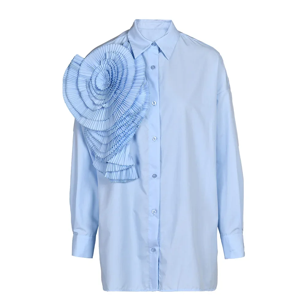 Fall Plus Size Women Blouse Niche Pleated Flower Polo Collar Long-Sleeved Cute Top Blouses Elegant Loose Shirt