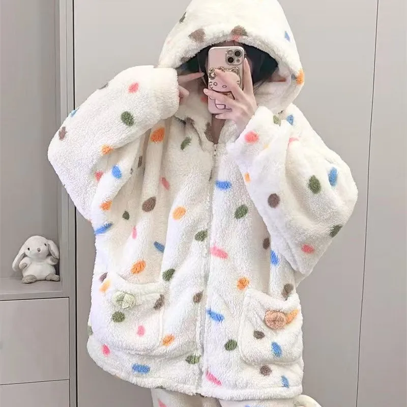 لطيف اللون نقطة الحلو منامة الشتاء المرجان الصوف ثوب النوم النساء فتاة الدافئة طويلة الأكمام السراويل دعوى ملابس المنزل