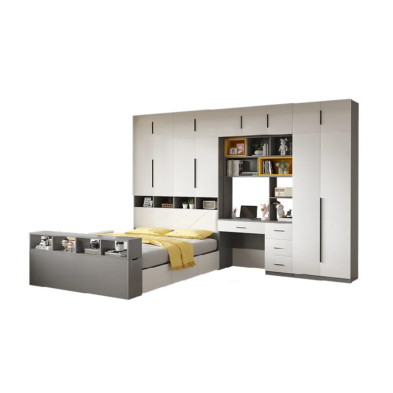 #Modern And Simple Apartment Tatami Bed Furniture Set, Wardrobe Integrated Bedroom Set With Desk