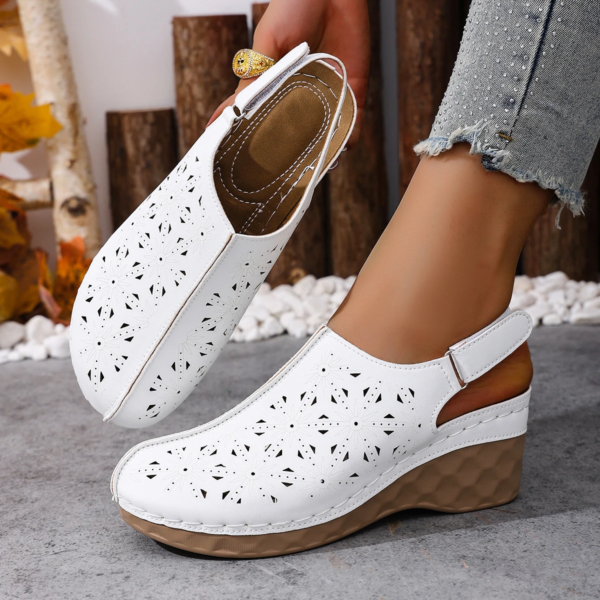 Women High Heel Hollow Sandals Summer Large Size Comfortable Toe Shoes for Women Casual Commuter Roman Sandals Zapatos De Mujer