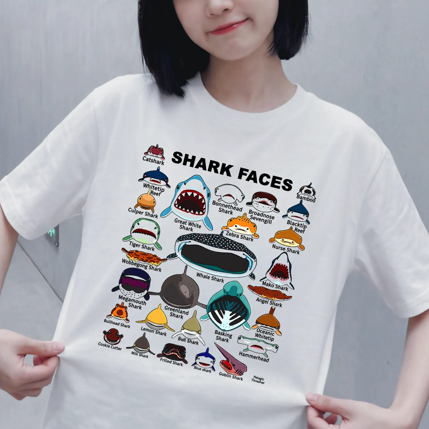 Unisex Loose Fit Cotton Shark Print T-Shirt Short Sleeve Breathable Comfortable Summer New Style Cartoon Artwork Kids Parent ...