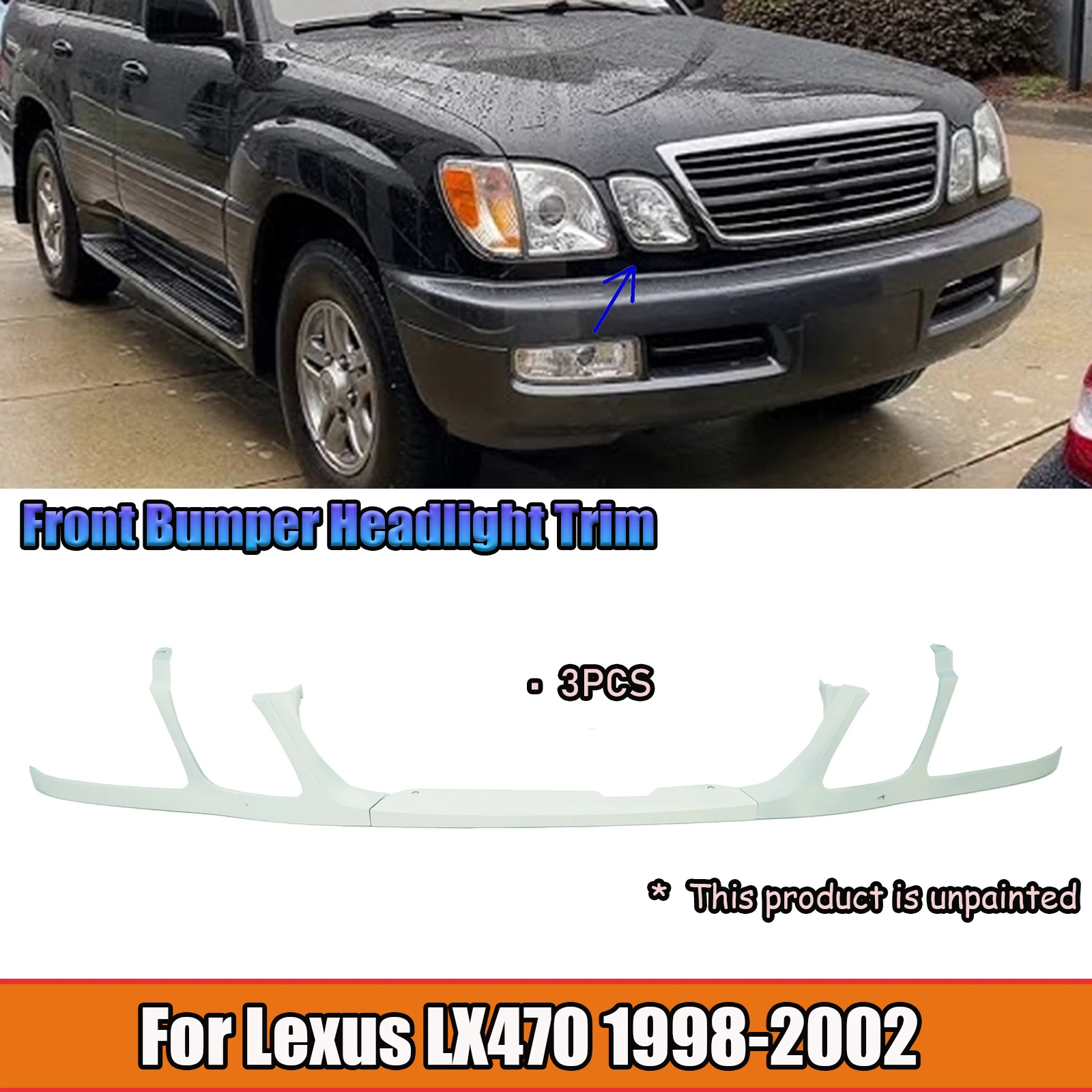 

For Lexus LX470 1998 1999 2000 2001 2002 3PCS Car Front Bumper Headlight Trim Under Network Primer Unpainted Body Kits