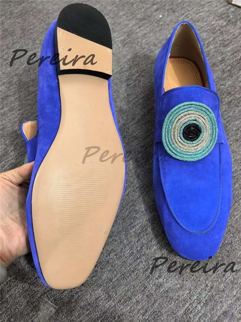 

Luxury Rhinestone Blue Suede Loafers for Men Cowhide Round Toe Shallow Flat Casual Shoes Summer New Party Wedding Dress Shoes