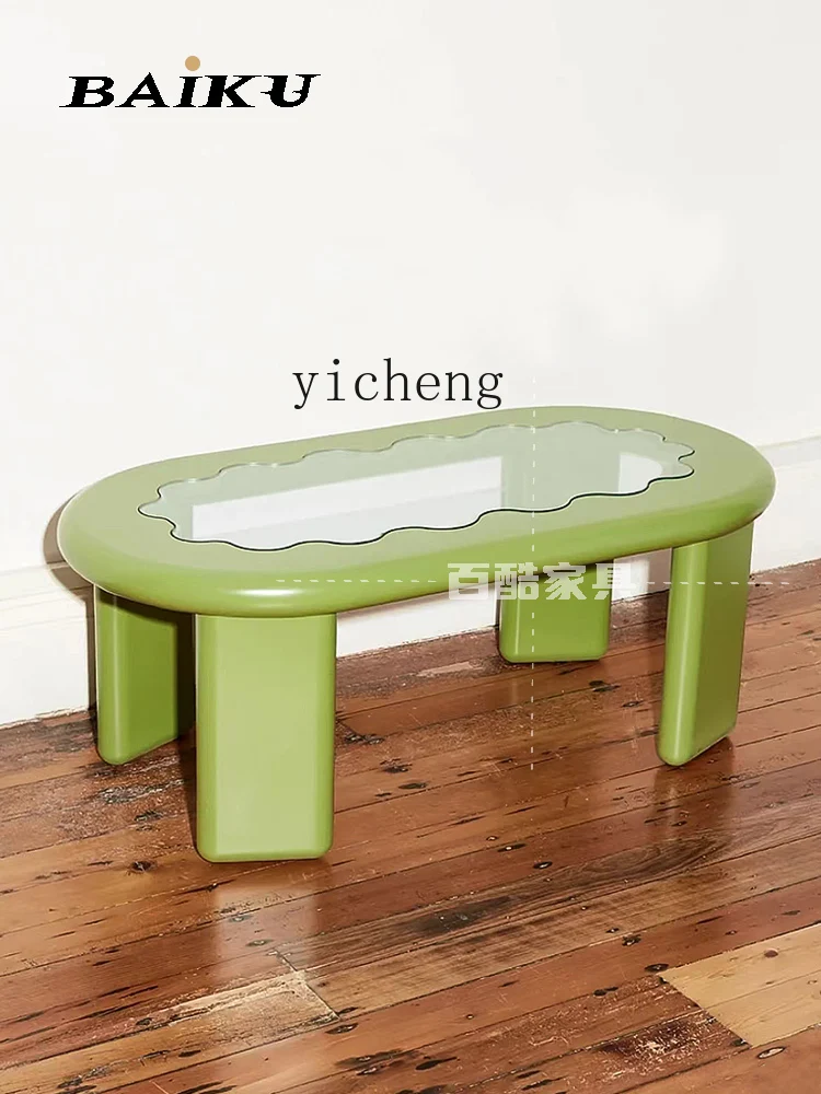 ZK Cream Style Avocado Green Small Coffee Table FRP Small Apartment Oval Long Table Home Living Room