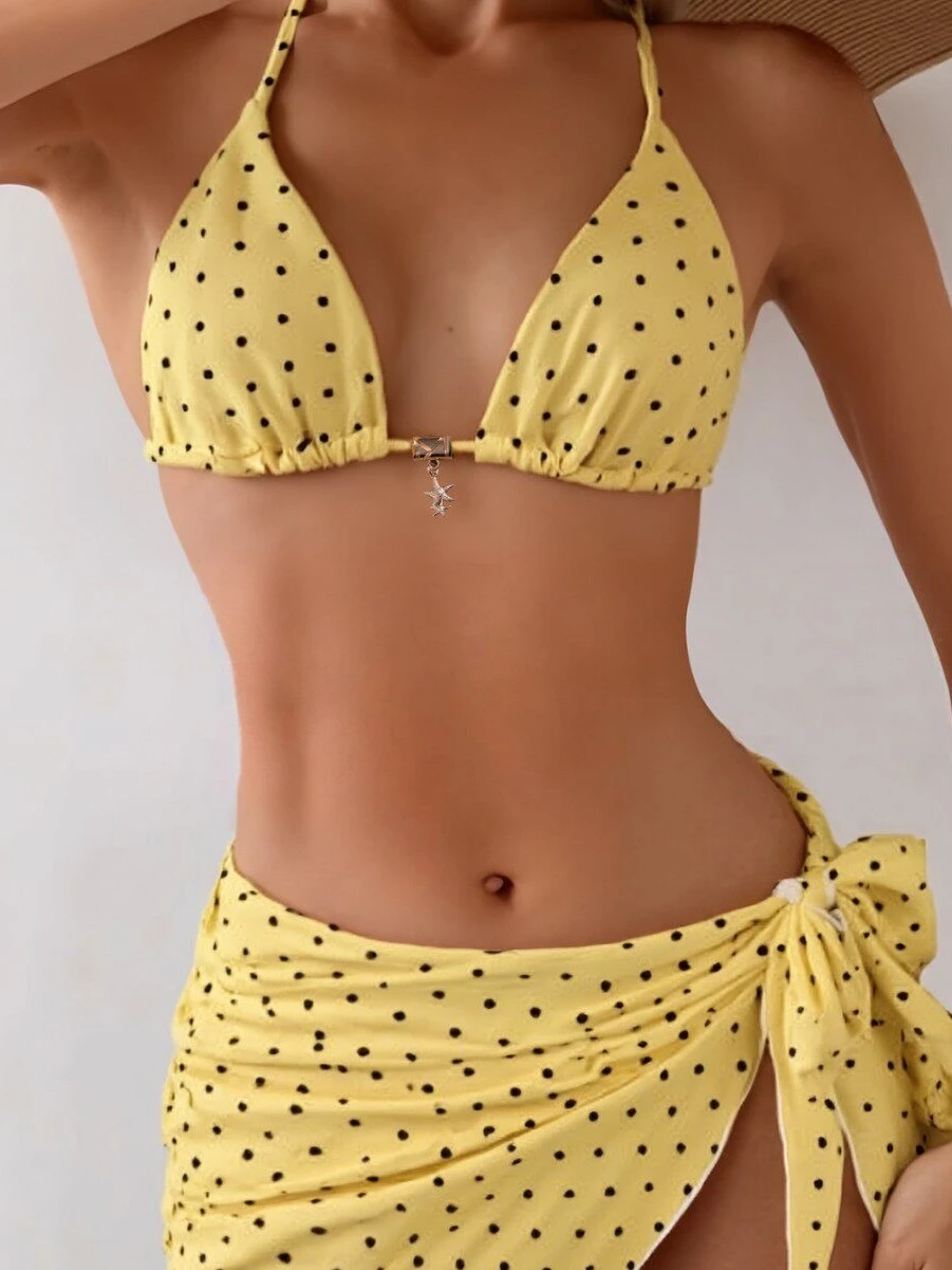 

Sexy Polka Dot Print Bikini Cover up Three Piece Swimsuit Set Women's Tie Durable Polyester Material for Swimming