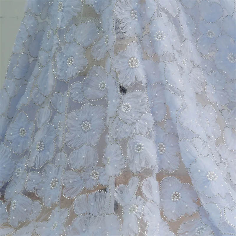 1 Yard Illusion 3D mesh Embroidery Tulle Fabric silver sequins for Flower Girl Dress Summer Dress Bridal Costume Prom Design