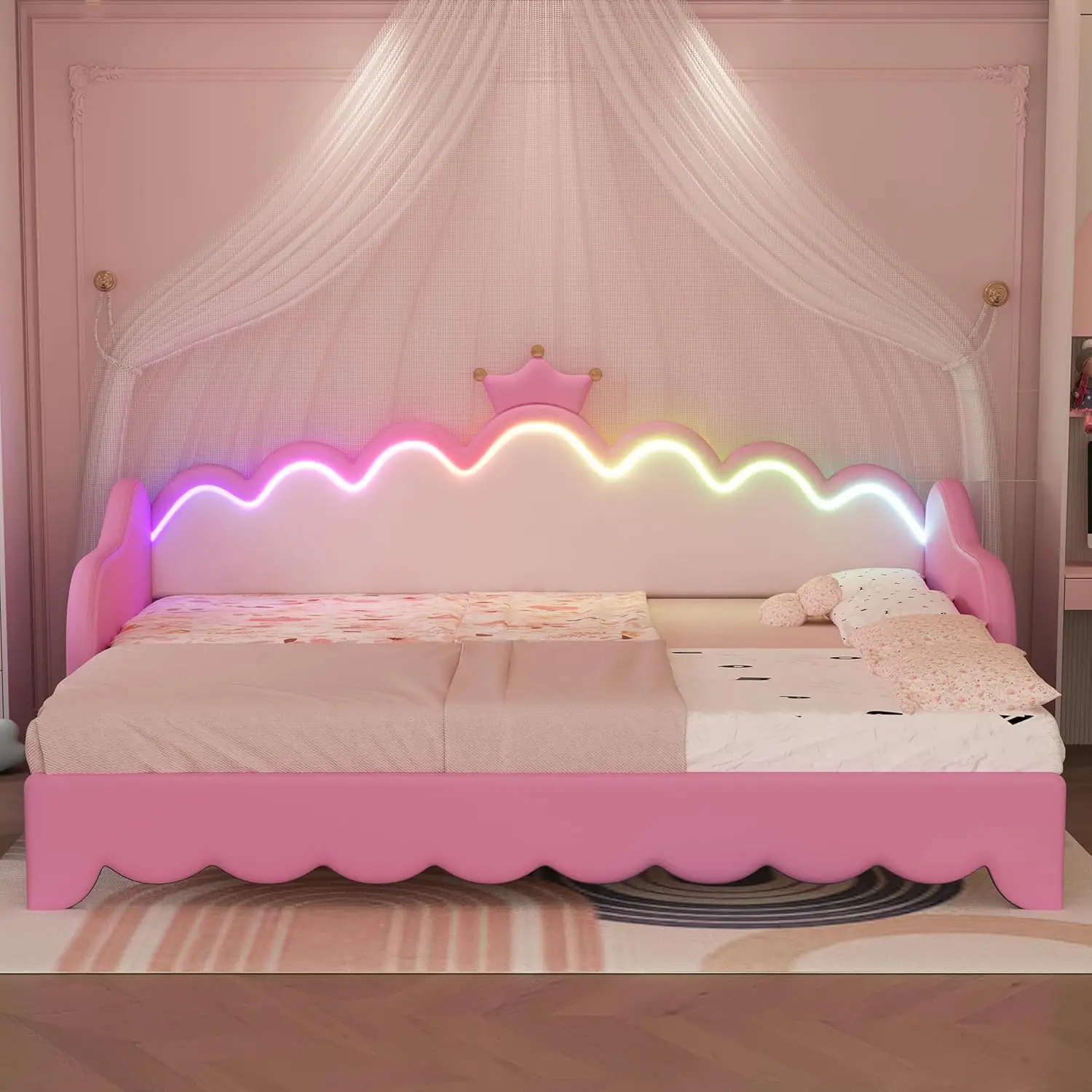 Merax Twin Size gestoffeerd prinsessenbedframe met kroonhoofdeinde en lichtstrips, ruimtebesparend uitschuifbaar dagbed uittrekbaar