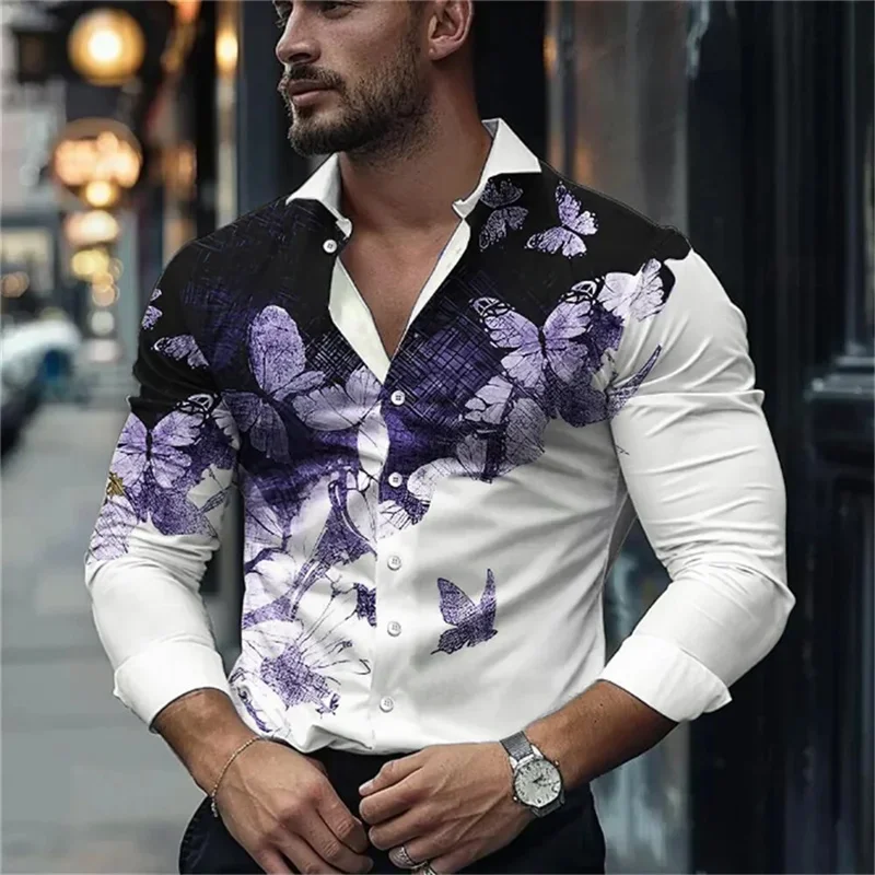 2024 Leisure Fashion Business Men\'s High -quality Butterfly Patterns Long -sleeved Shirts lapel comfortable and soft men 6xl