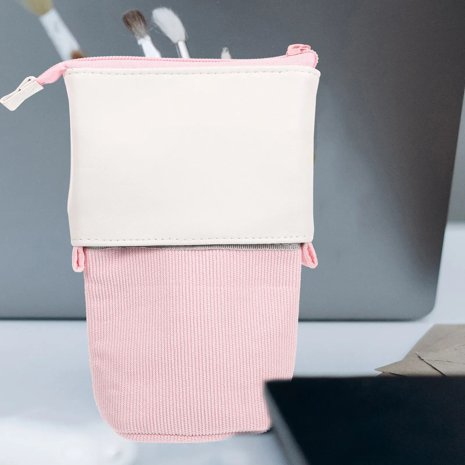 

Telescopic Corduroy Pencil Bag Large Capacity Pen Organizer Minimalist Design Stationery Storage for Men Women