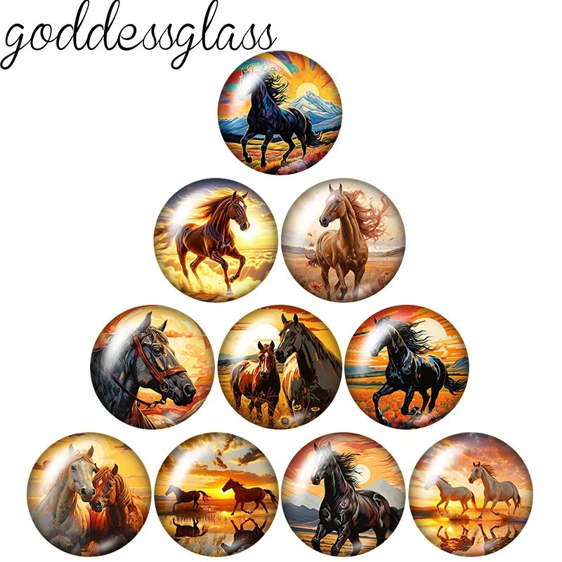 Running under the sunset Horse 10pcs mixed 12mm/18mm/20mm/25mm Round photo glass cabochon demo flat back Making findings