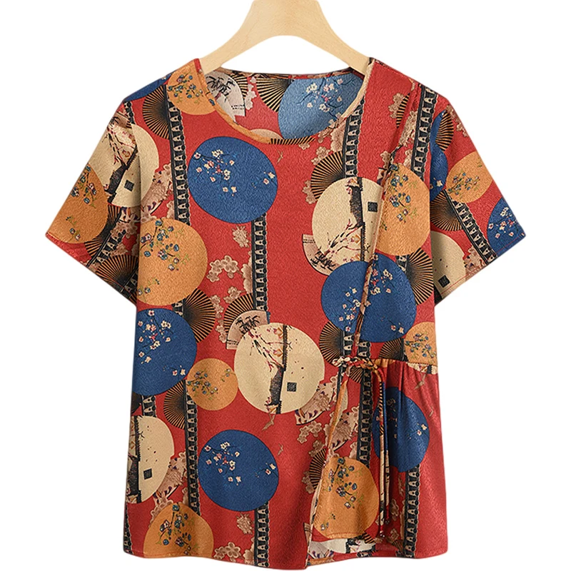 

2024 New Style Short Sleeved Printed Round Neck Summer Women's Fashion and Casual Versatile Loose Folded Lace Up T-shirt Top