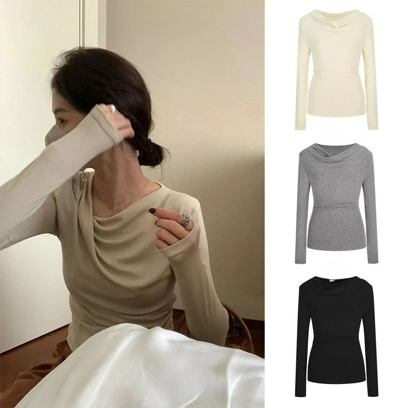 

2025 New Long Sleeved Solid Color Base Shirt Autumn Winter Slim Basic Women's T-shirt