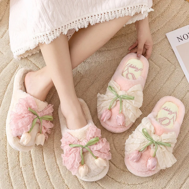 Women Closed‑Toe House Slippers Cute Tulip Lace Bow Decor Fluffy Plush Slipper Soft Cozy Warm Non‑Slip Indoor Bedroom Home Shoes