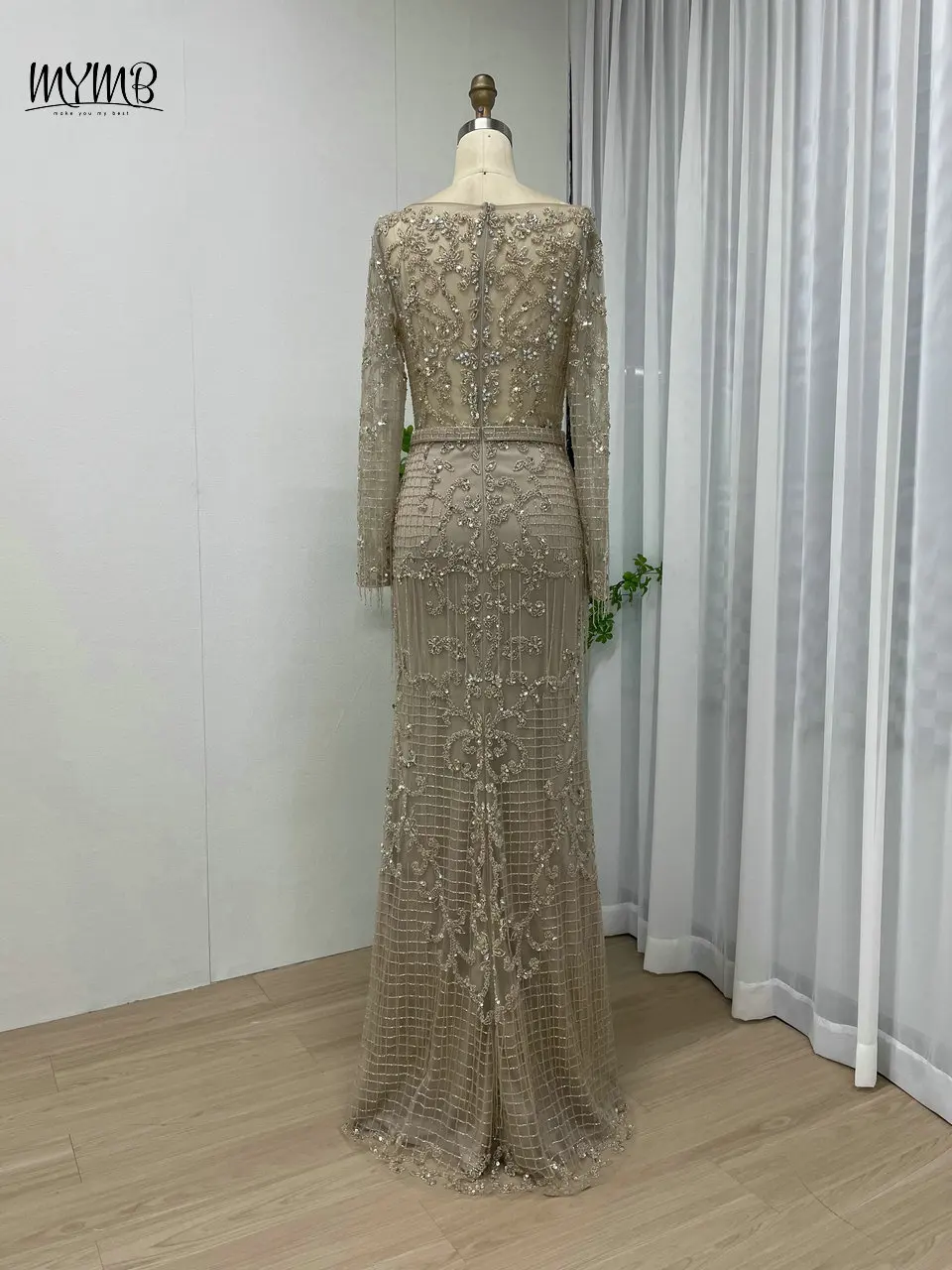 MYMB Dubai Caramel Scoop Neck Long Sleeves Evening Wedding Guest Dresses Elegant Mermaid Beaded Party Gowns vestidos de fiesta