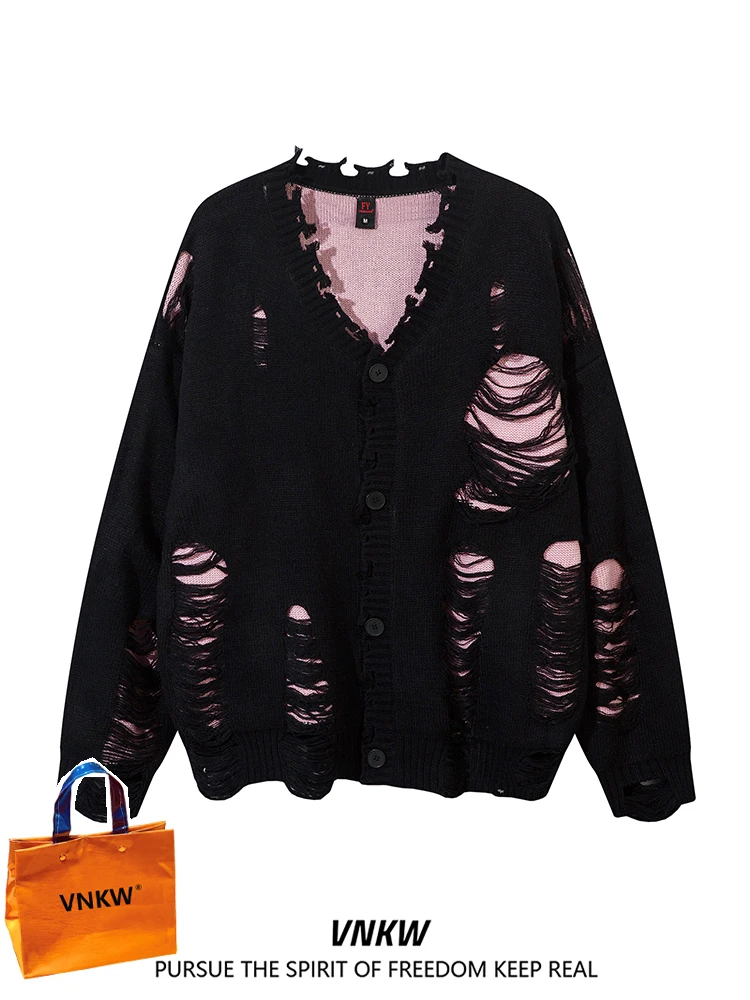 

Модный вязаный свитер с V-образным вырезом для мужчин, свободный кардиган для пар, в американском уличном стиле, повседневный, с длинными рукавами, для осени и весны