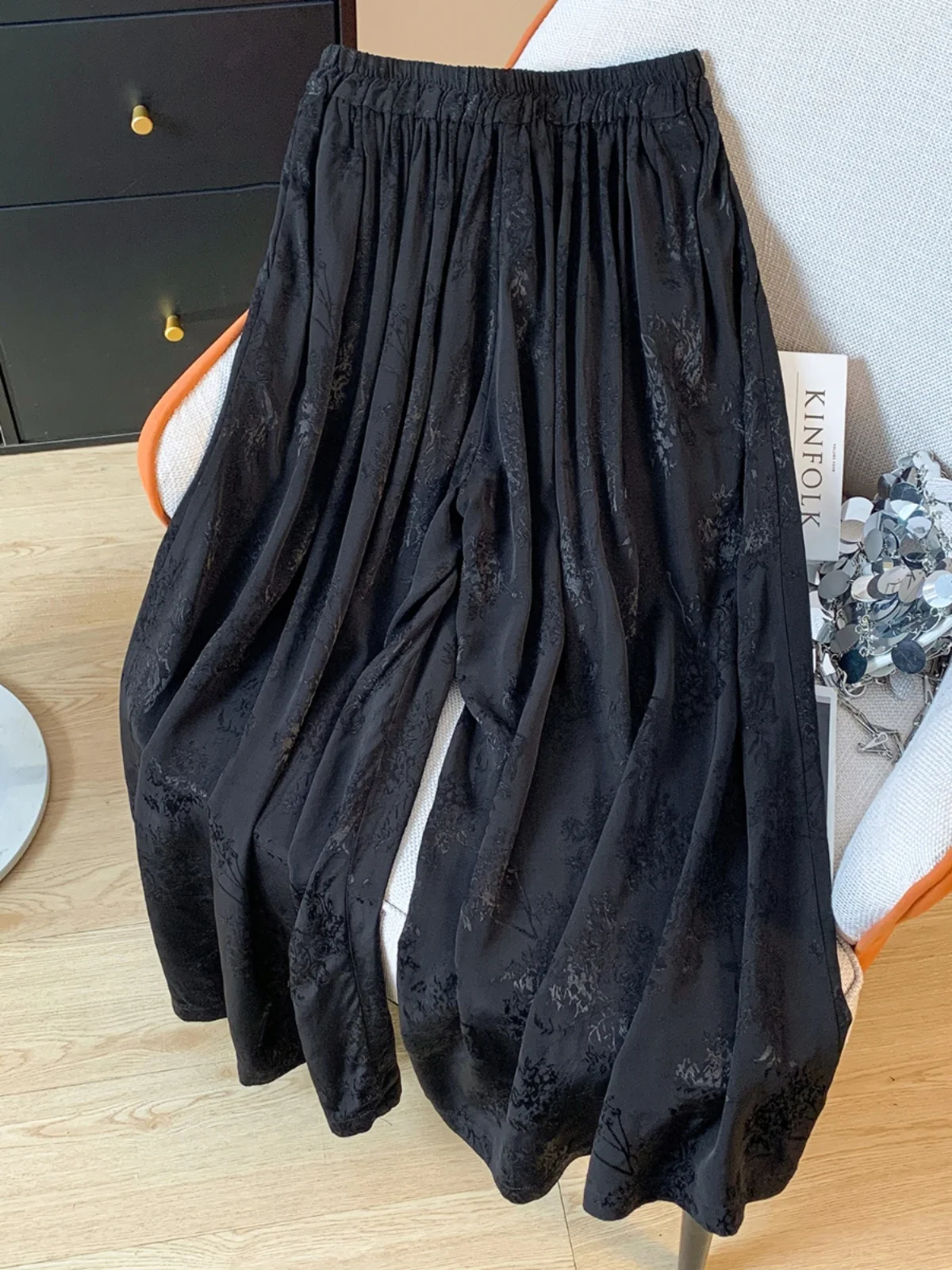

Elegant Black Embroidered Wide Leg Pants Casual Loose Fit Spring Summer New Style Slimming Long Skirt Pants