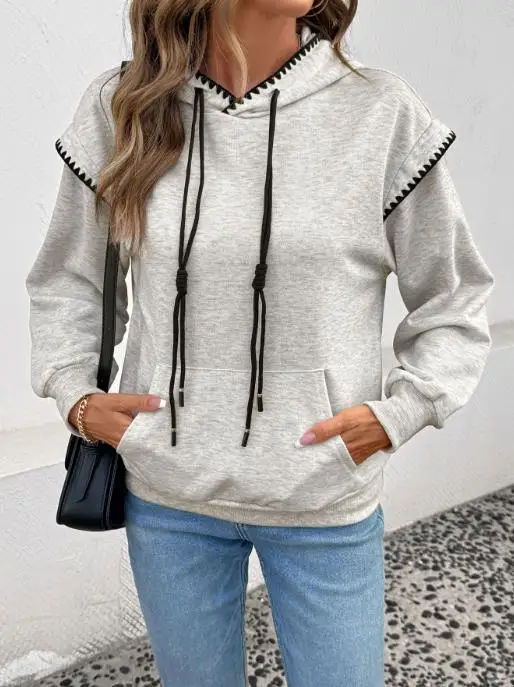 

2025 Autumn/winter New Collection Color Contrasting Edge Casual Versatile Daily Fake Two Piece Hooded Hoodie for Women