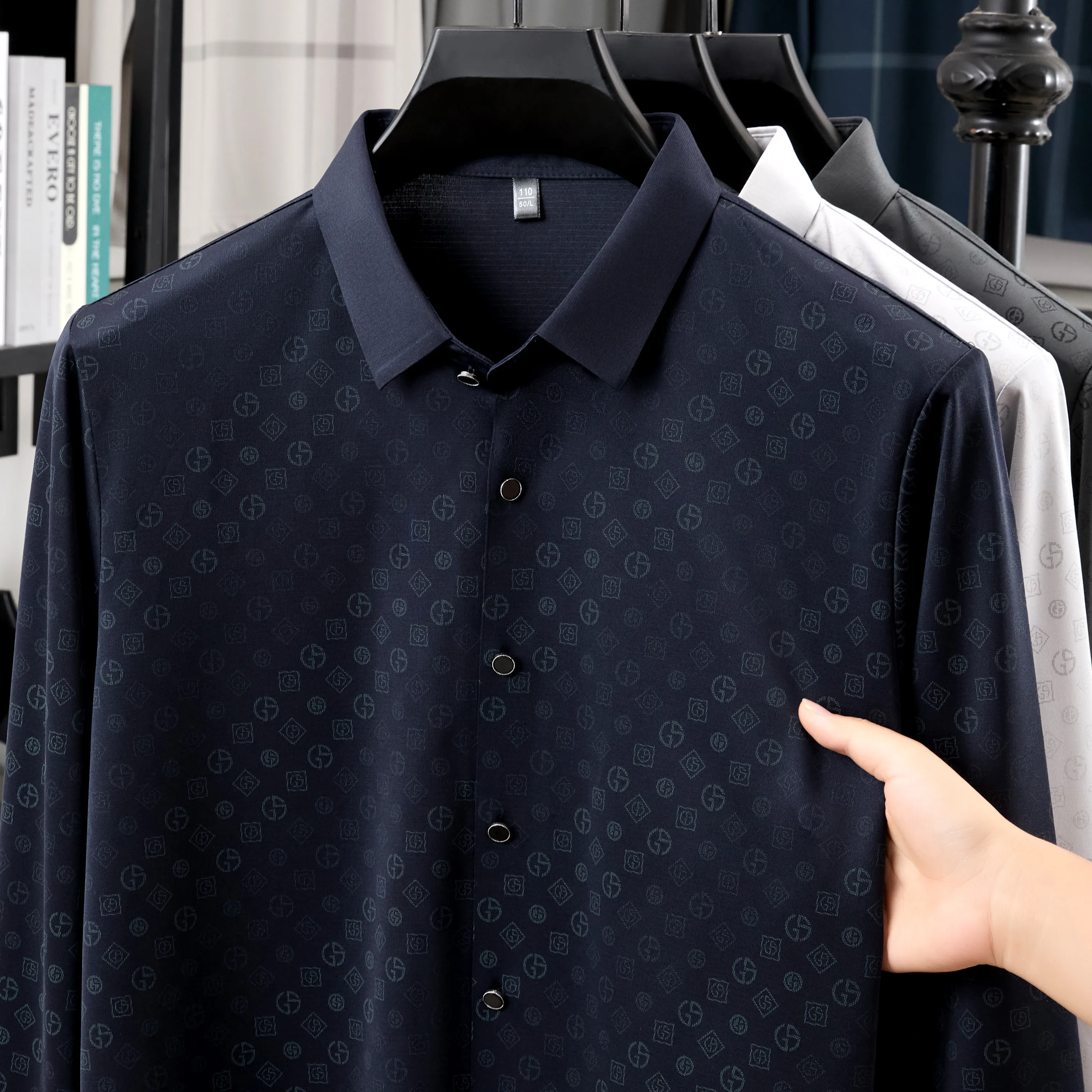 

Легкая роскошная осенняя мужская рубашка из ледяного шелка с длинным рукавом и шелковым шелком, деловая высокоэластичная повседневная рубашка без глажки