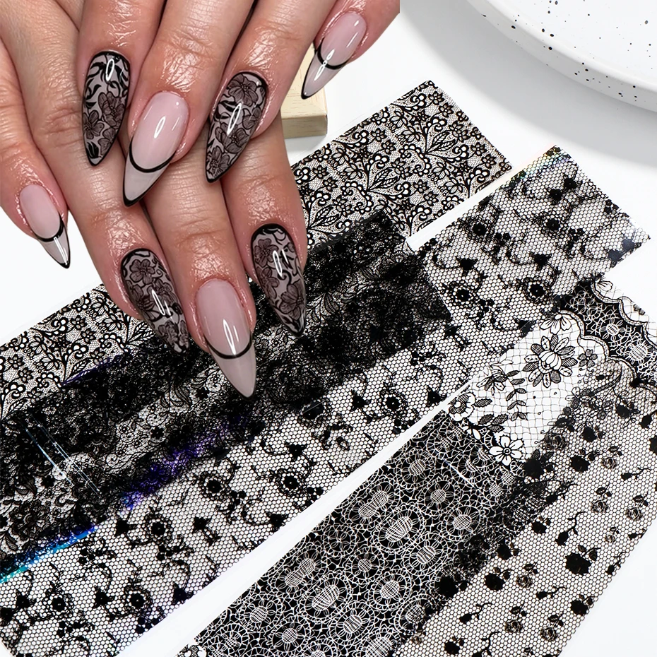 14pcs Assorted Black Lace Nail Transfer Foils Stickers Vintage Hollow Floral Nail Stickers Elegant Romantic Wedding Nail Decor