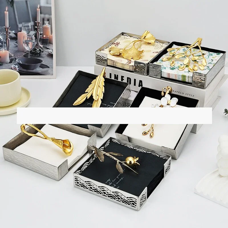 Stainless steel square flower bud napkin holder high value western restaurant hotel decorative paper holder napkin holder