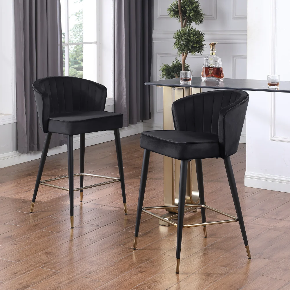 

Velvet Upholstered Counter Height Stool with Deep Channel Tufting and Gold Tipped Black Metal Legs 20" W X 21" D X 36.5" H, Gray