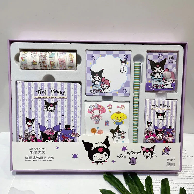 Sanrio Cartoon Handbook Set Combo Cute Kuromi Melody Cinnamoroll Girl Tape Stickers Notepad Pen School Student Gift Prize