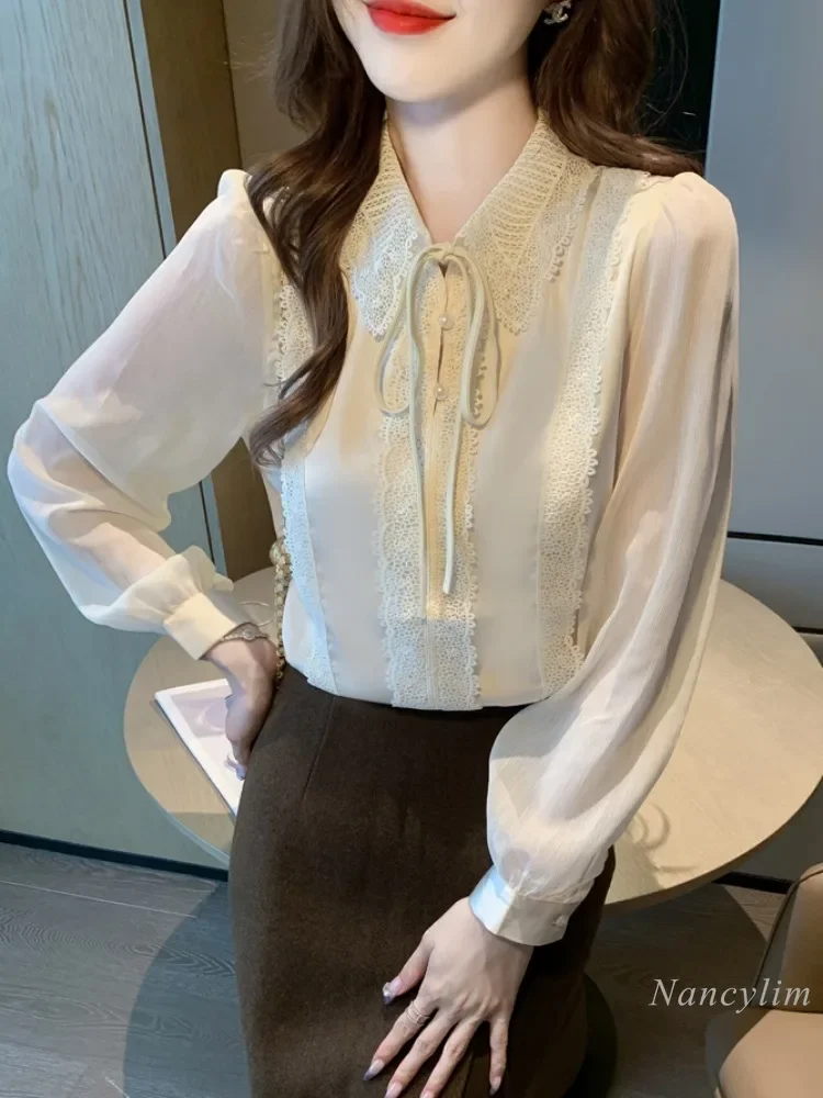 Camicetta in Chiffon a maniche lunghe con colletto a bambola camicia autunnale da donna 2024 nuovo temperamento superiore in pizzo europeo di fascia alta bella Blusas