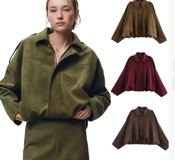 

Women's Autumn New Arrival European American Versatile Fashion Suede Textured Lapel Bomber Jacket ropa mujer outerwears traf