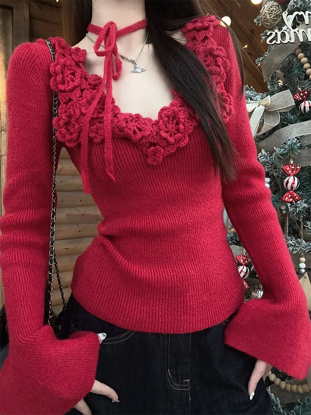 

Red 3D Flower Low round Neck Knitted Top Women's Autumn Winter Lazy Christmas Atmosphere Bell Sleeve Long Sleeve Base Shirt